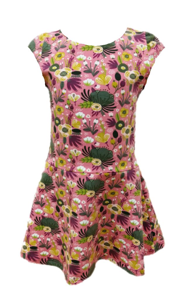 Dívčí šaty s rukávky - růžové - žluto-zelené květy
