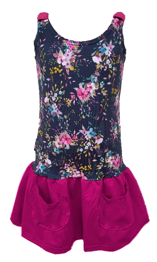 Dívčí šaty tm.modré květy s KAPSAMI 