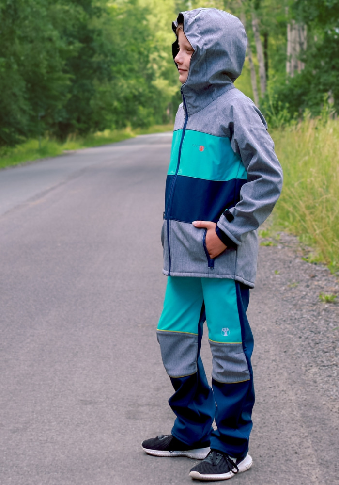 Dětská softshellová bunda - šedý melír-tyrkysovo-tmavě modrá