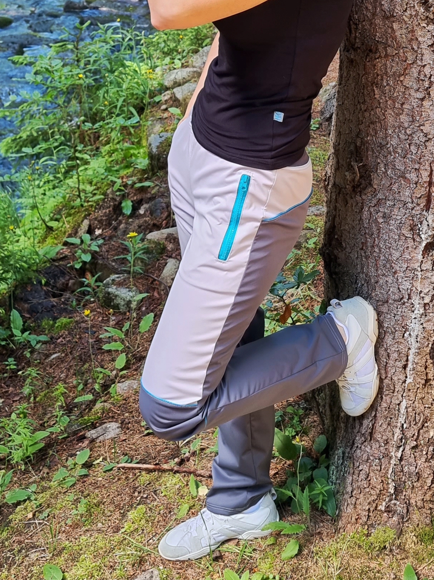 Dámské LETNÍ softshellové kalhoty/šedo-šedé s tyrkys doplňky