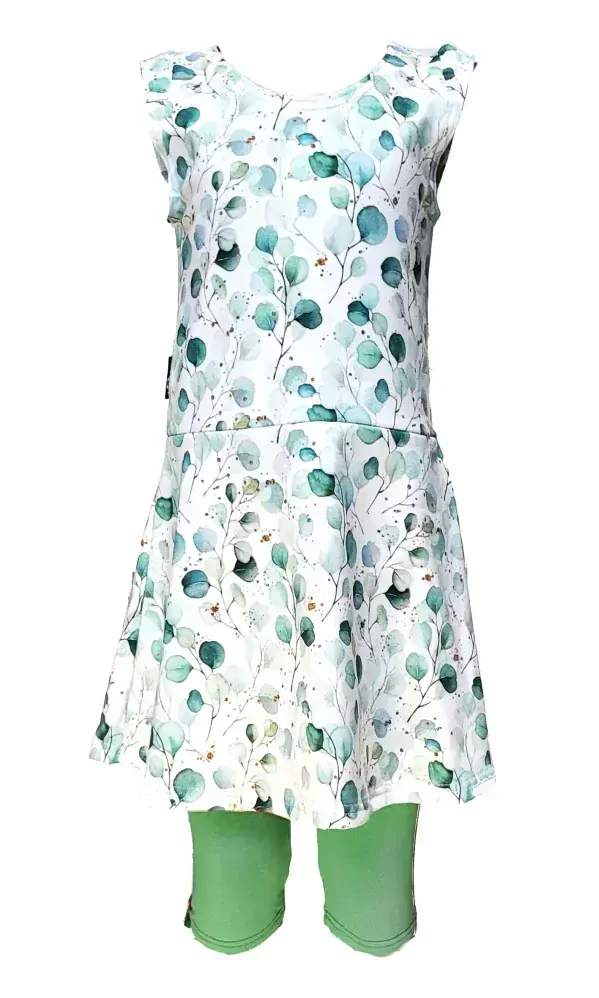 Dívčí šaty s rukávky - bílé - zelené lístky - doprodej 110