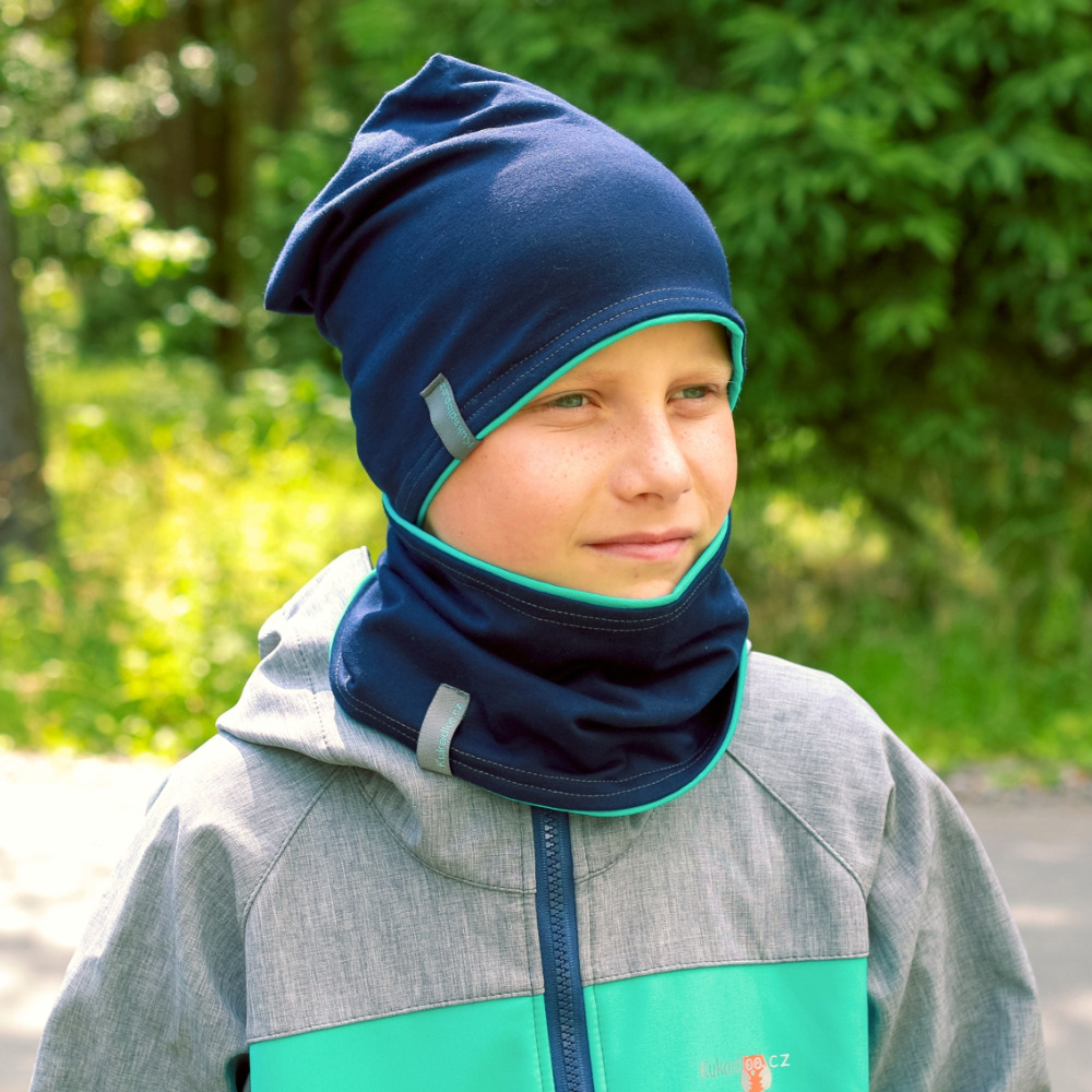 Bavlněný komplet čepice + nákrčník / tm. modro - tyrkysový