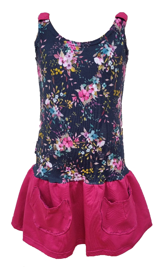 Dívčí šaty tm.modré květy s KAPSAMI 