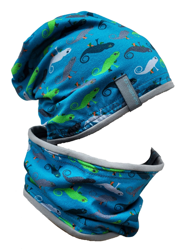 Bavlněná čepice / tyrkysoví chameleoni- doprodej