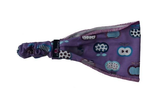 Dívčí čelenko-šátek fialový s tyrkysovými jablíčky / šířka 11cm