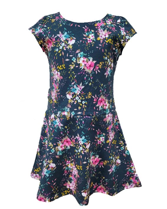 Dívčí šaty s rukávky - tm. modré květy 