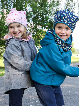 Dívčí softshellová bunda - šedý melír - růžoví plameňáci - doprodej 104, 110