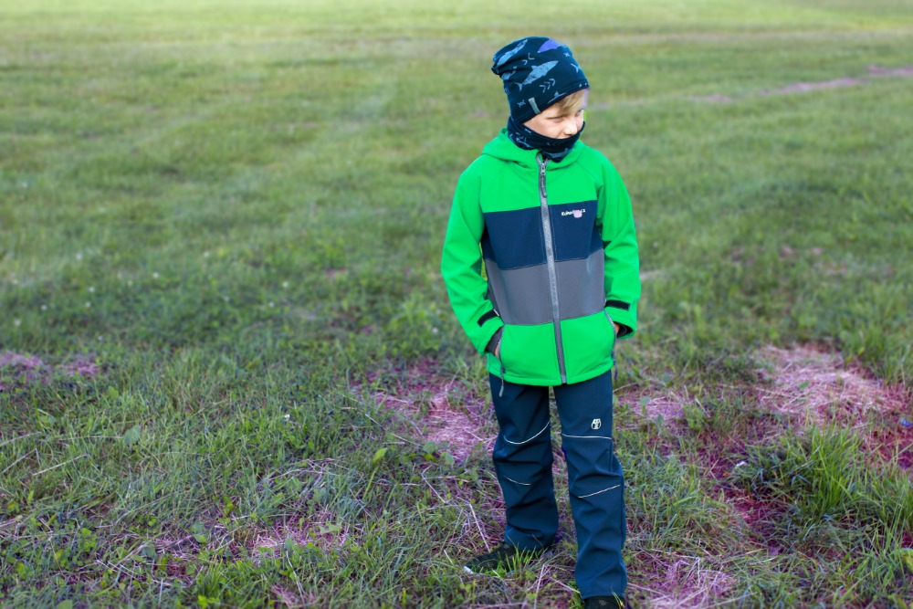 Dětská softshellová bunda / trávově zeleno-tmavě modro-šedá 