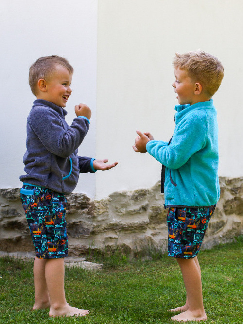 Dětská chlupatá mikina - tm.šedá s tyrkysovými doplňky  - doprodej 86, 110, 128