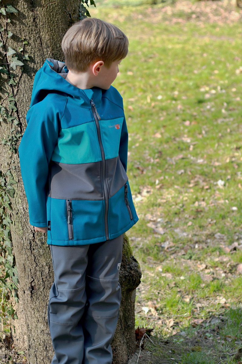 Dětská softshellová bunda / petrolejovo-tyrkysovo- tm. šedá