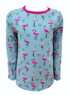 Dívčí tričko dlouhý rukáv - tyrkysové - plameňáci- doprodej 104, 110