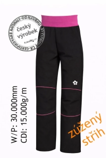 Dětské EXTRA úzké softshellové kalhoty černo-růžové